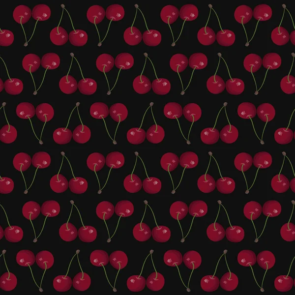 Cherry Seamless Pattern Juicy Cherry Black Background Fabric Wallpaper Packaging — Stock Vector