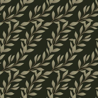 Koyu yeşil arka planda köşegen defne yaprağı dalları olan vektörsüz desen; kumaş, duvar kağıdı, ambalaj, tekstil, web tasarımı için doğal tasarım.