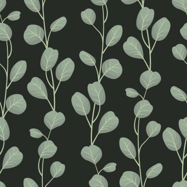 Koyu yeşil zemin üzerinde dikey okaliptüs dalları olan vektörsüz desen; kumaş, duvar kağıdı, ambalaj, tekstil, web tasarımı için doğal tasarım.