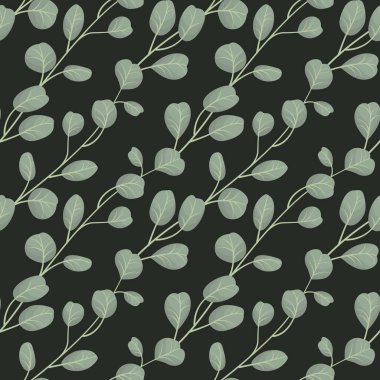  Koyu yeşil zemin üzerinde köşegen okaliptüs dalları olan vektörsüz desen; kumaş, duvar kağıdı, ambalaj, tekstil, web tasarımı için doğal tasarım.