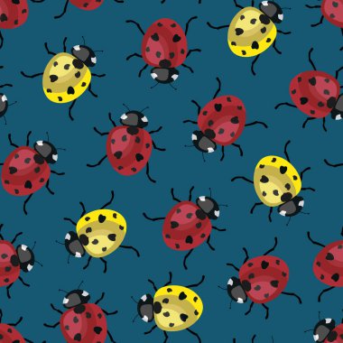 Mavi zemin üzerinde sarı ve kırmızı uğur böcekleri olan vektörsüz desen; kumaş, duvar kağıdı, ambalaj kağıdı, tekstil, web tasarımı için şirin tasarım.