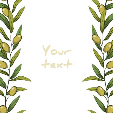 Dikey zeytin kenarlıkları; tebrik kartları, posterler, afişler, düğün kartları, davetiyeler, web tasarımı için yeşil zeytinli çerçeve.
