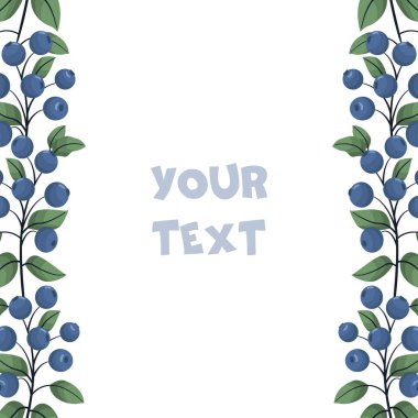 Dikey böğürtlen sınırları; tebrik kartları, davetiyeler, düğün kartları, posterler, afişler, web tasarımı için yabanmersini çerçevesi.