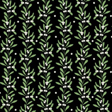 Siyah zemin üzerinde dikey ökse otu dalları olan vektörsüz desen; kumaş, duvar kağıdı, ambalaj, tekstil, web tasarımı için beyaz ökseotu.