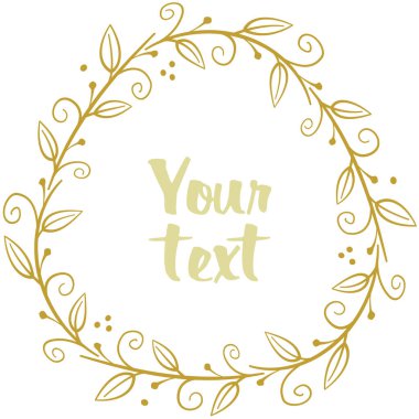 Soyut çiçek çelengi; tebrik kartları, davetiyeler, düğün kartları, posterler, afişler, web tasarımı için yaprakları olan altın çerçeve.