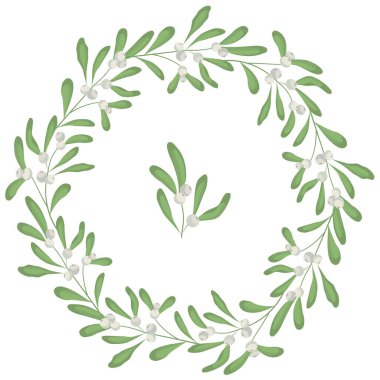 Çiçekli ökseotu çerçevesi; kutlama kartları, davetiyeler, düğün kartları, posterler, afişler, web tasarımı için beyaz ökseotu ile yuvarlak çelenk.