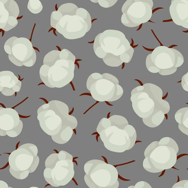 Vector Seamless Pattern Cotton Plants Cotton Bolls Gray Background Natural — Stock Vector