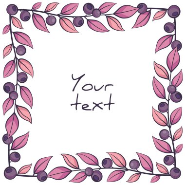 Kutlama kartları, davetiyeler, düğün kartları, posterler, afişler, web tasarımı için yaban mersini ve mor yapraklı kare çerçeve.