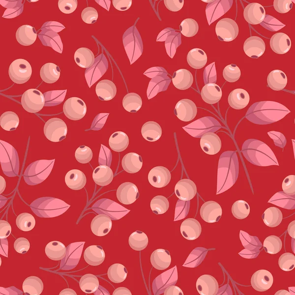 Векторный Бесшовный Узор Ягодными Ветками Красном Фоне Розовые Ягоды Листья — стоковый вектор