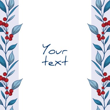 Vektör çiçek çerçevesi; kutlama kartları, davetiyeler, düğün kartları, posterler, afişler, web tasarımı için kırmızı böğürtlen ve mavi yapraklarla dikey sınırlar.