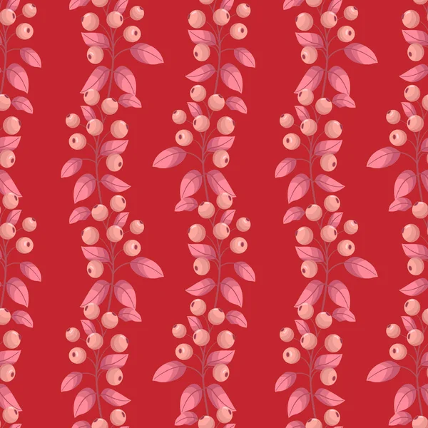 Векторный Бесшовный Узор Вертикальными Розовыми Ягодными Ветками Красном Фоне Естественный — стоковый вектор