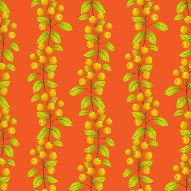 Dikey böğürtlen dalları ile vektörsüz desen; kumaş, duvar kağıdı, tekstil, paket, ambalaj kağıdı, web tasarımı için turuncu zemin üzerinde yeşil böğürtlen.