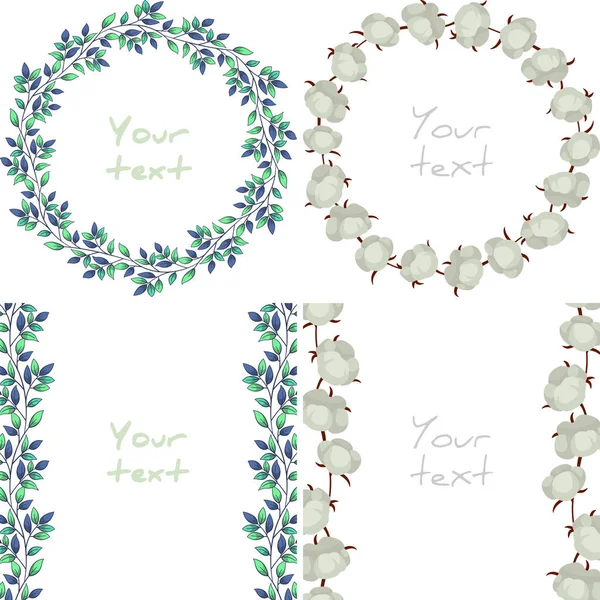 Blumengestecke Laubkränze Und Senkrechte Einfassungen Mit Baumwollpollern Für Grußkarten Hochzeitskarten — Stockvektor