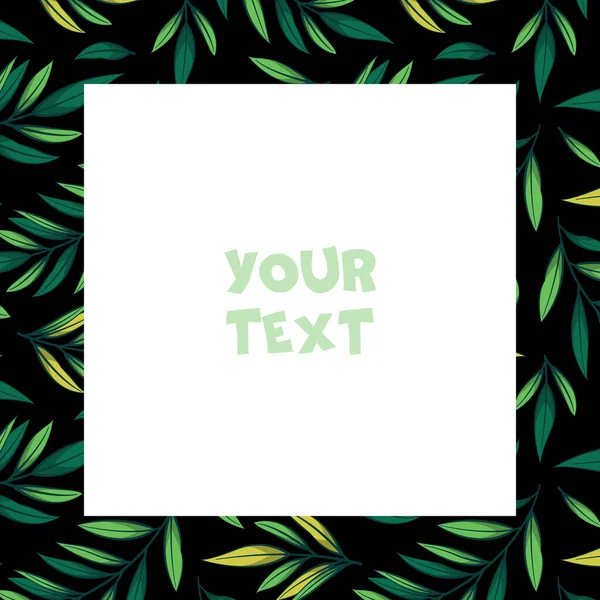 黒の背景に緑の小枝とベクトルの正方形のフレーム グリーティングカードのための花のフレーム 招待状 結婚式のカード ポスター バナー ウェブデザイン — ストックベクタ