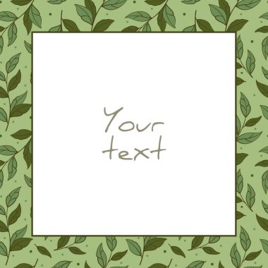Vektör yapraklı çerçeve; tebrik kartları, davetiyeler, düğün kartları, posterler, afişler için yeşil dalları olan kare çerçeve.