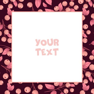 Vektör çiçek çerçevesi; tebrik kartları, düğün kartları, posterler, afişler, web tasarımı için koyu pembe arka planda pembe çilekli kare çerçeve.