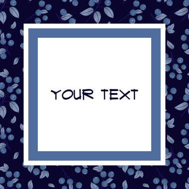 Yaban mersinli kare çerçeve; siyah arkaplanda yabanmersini dalları; tebrik kartları için çilek çerçevesi, davetiyeler, posterler, afişler, ambalajlama.