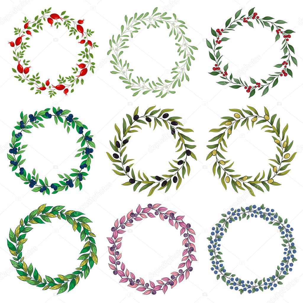 Set of floral wreaths; round floral frames for greeting cards, wedding cards, invitations, posters, banners.