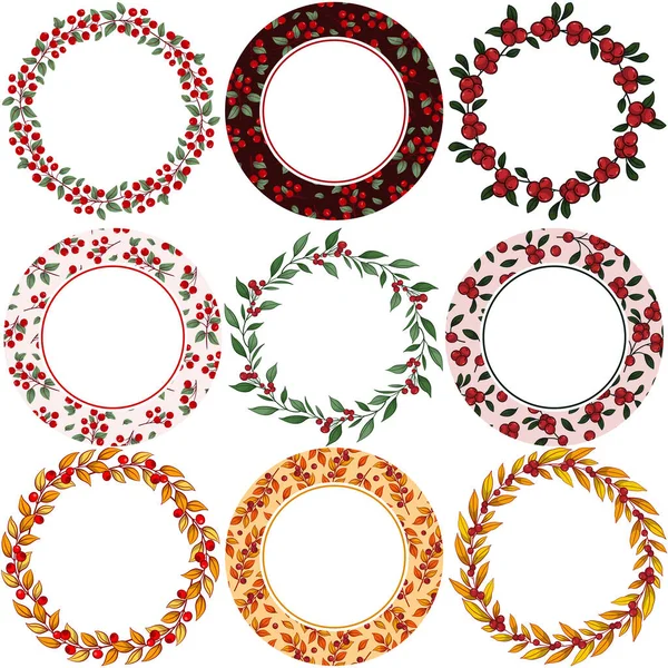 Set Van Cranberry Ronde Frames Cranberry Bloemen Kransen Voor Wenskaarten — Stockvector