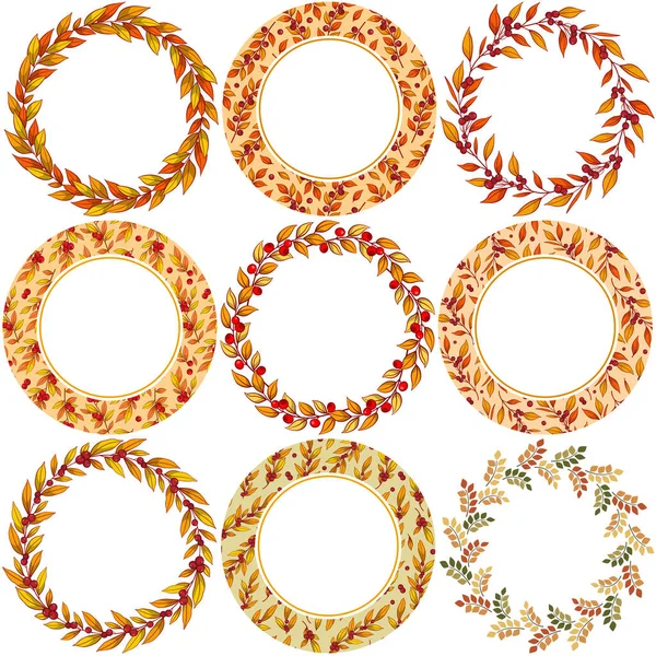 Set Van Herfst Ronde Frames Herfst Bloemen Kransen Voor Wenskaarten — Stockvector