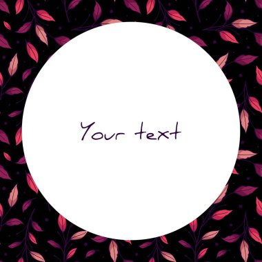 Siyah arkaplanda mor yapraklı vektör çerçevesi; tebrik kartları, posterler, afişler, davetiyeler için çerçeve.