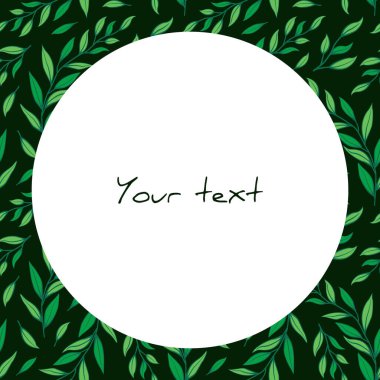Siyah arkaplanda yeşil yapraklı vektör çerçevesi; tebrik kartları, davetiyeler, posterler, afişler, web tasarımı için.