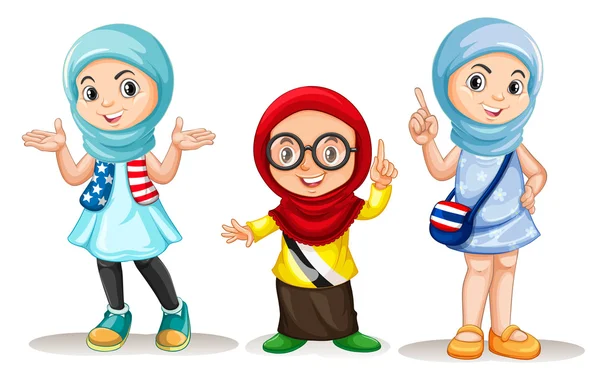 Tre muslimska flickor med glada ansikte — Stock vektor