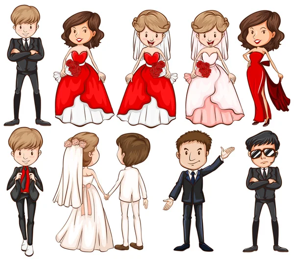 Wedding couples in different costumes — Stock Vector