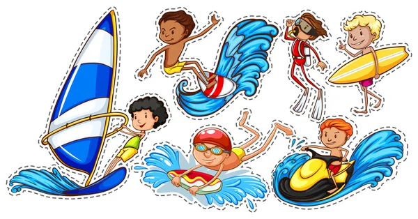 Sticker ensemble de personnes faisant des sports nautiques — Image vectorielle