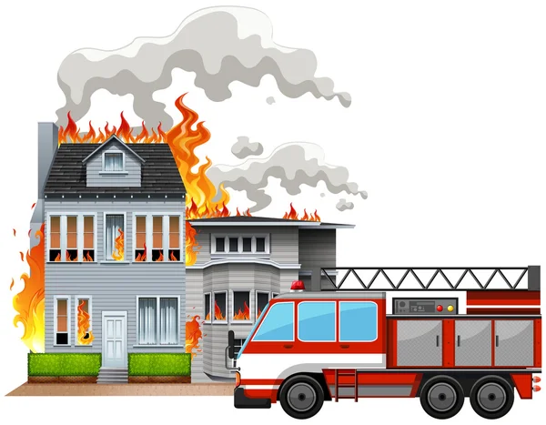 Fire scene with fire truck — Stock Vector