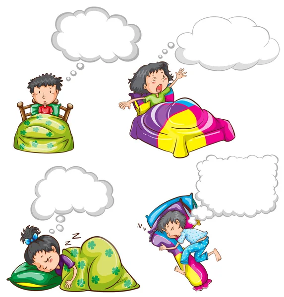 Kinderen in bed en droom wolken — Stockvector