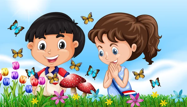 Niño y niña en el jardín lleno de mariposas — Vector de stock