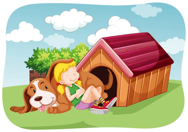 女孩和宠物狗在花园里 — 图库矢量图片