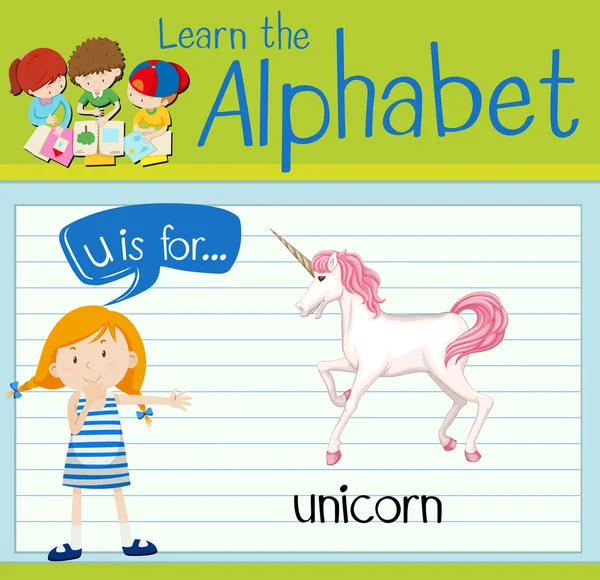 Flashcard alfabetet U är för unicorn — Stock vektor