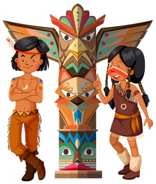 Two native americans and totem pole clipart