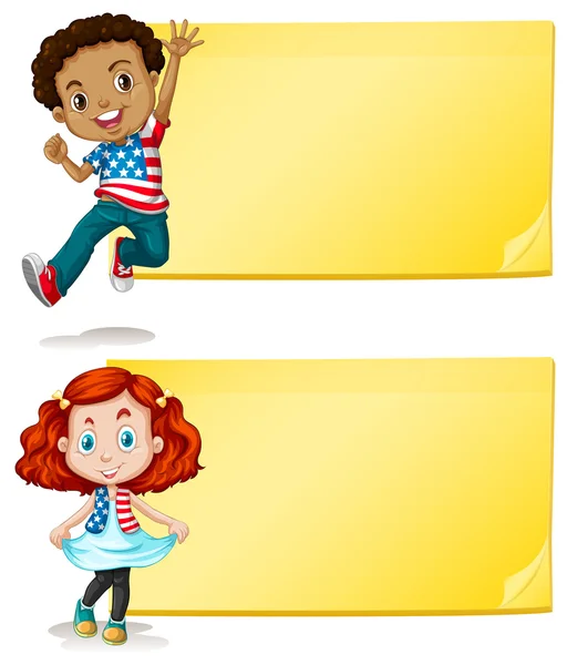 Design dell'etichetta con bambini e sfondo giallo — Vettoriale Stock