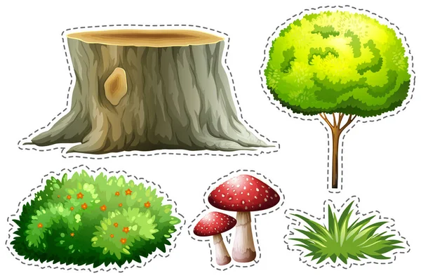 Sticker ensemble de la nature avec arbre et buisson — Image vectorielle