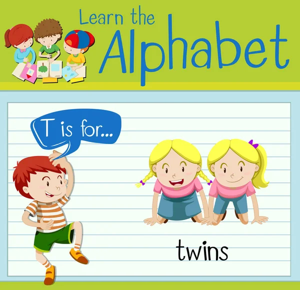 Flashcard lettre T est pour les jumeaux — Image vectorielle
