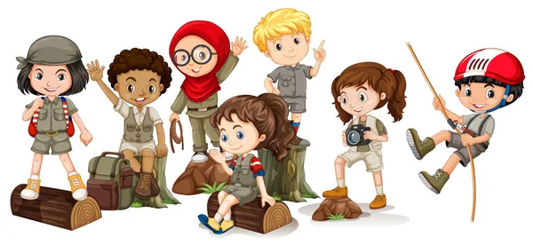 Niños y niñas en traje de camping — Vector de stock