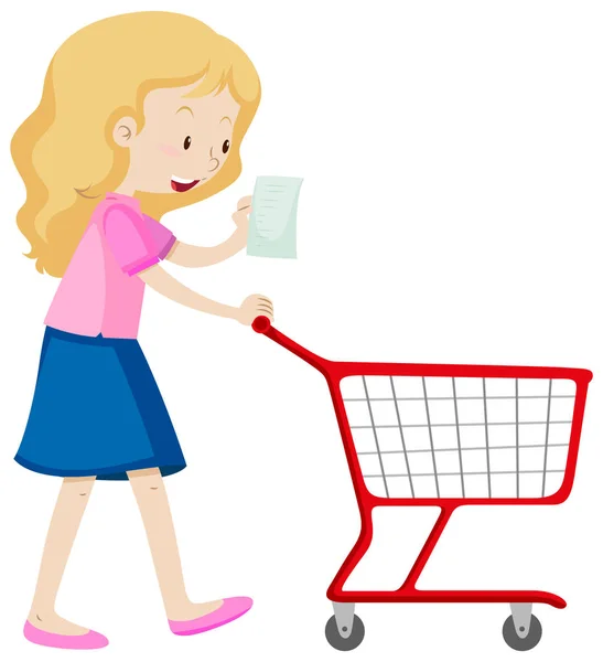 Woman read shopping list and pushing cart — Stock Vector