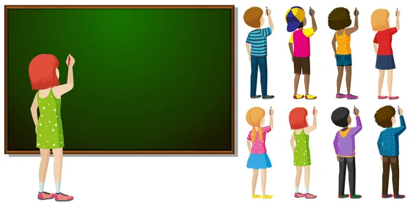 Blackboard and different character in writing action — Stock Vector