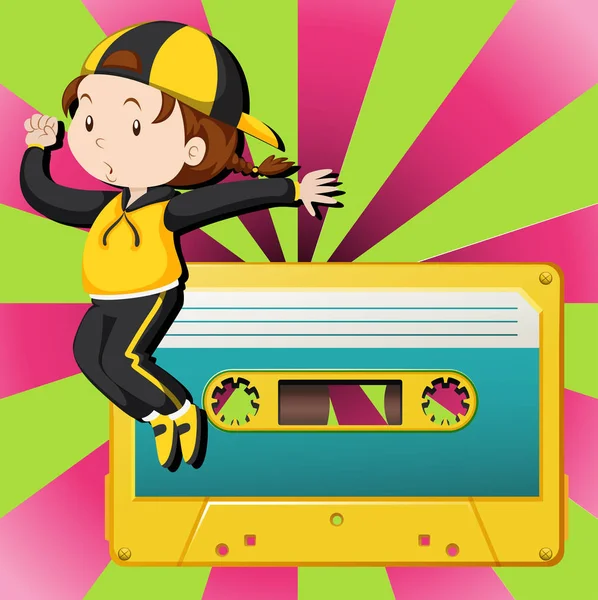 Meisje dansen en cassette tape — Stockvector