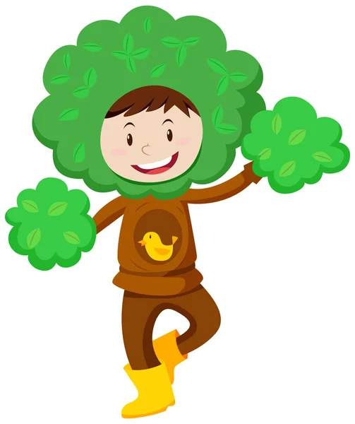 Niño disfrazado de árbol — Vector de stock