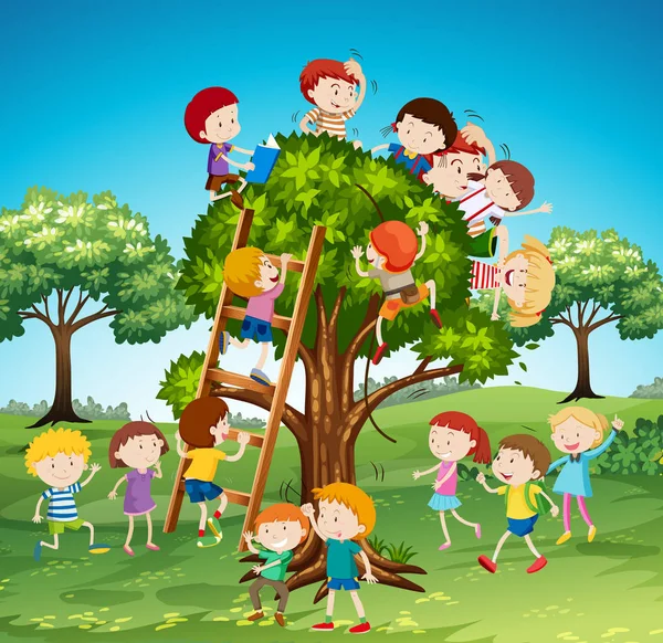 Beaucoup d'enfants grimpent dans l'arbre — Image vectorielle