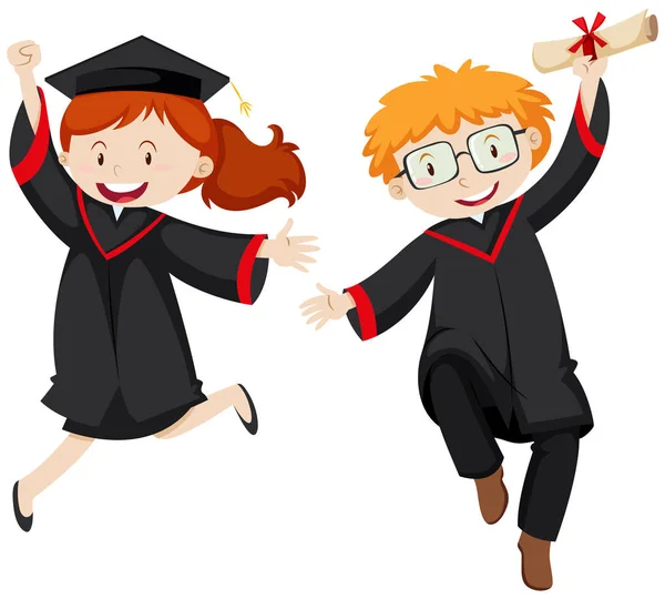 Dos estudiantes graduados en batas de graduación — Vector de stock