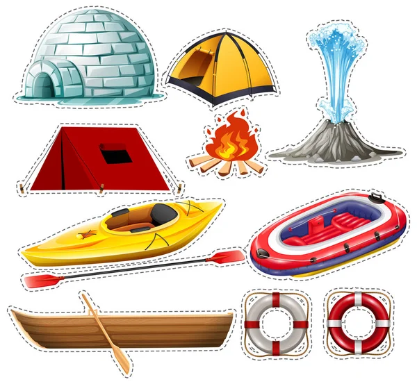 Différents types de bateaux et de choses de camping — Image vectorielle