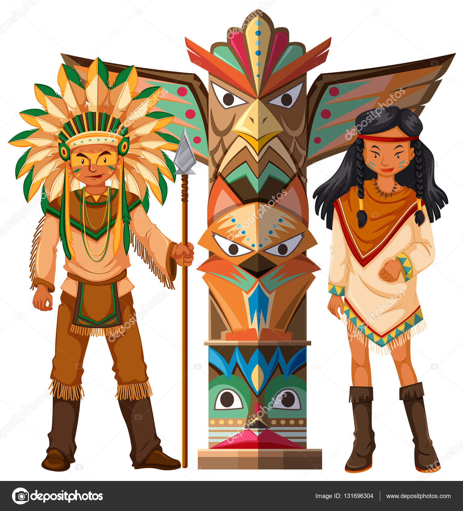 ネイティブ アメリカンのインディアンとトーテム ポール ストックベクター ©blueringmedia 131696304, image size:1540x1700