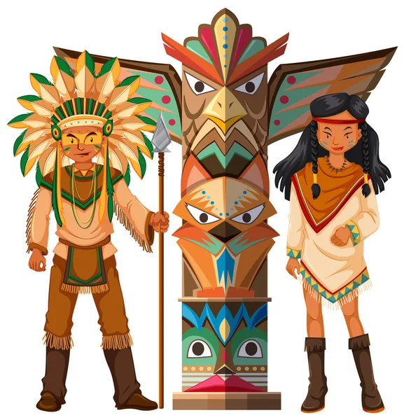 Native american indians and totem pole — Stock Vector