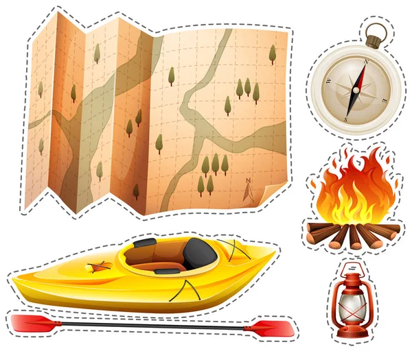 Adhesivo de camping con canoa y mapa — Archivo Imágenes Vectoriales