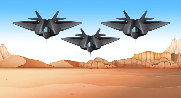 Tres aviones de combate volando sobre el desierto — Vector de stock